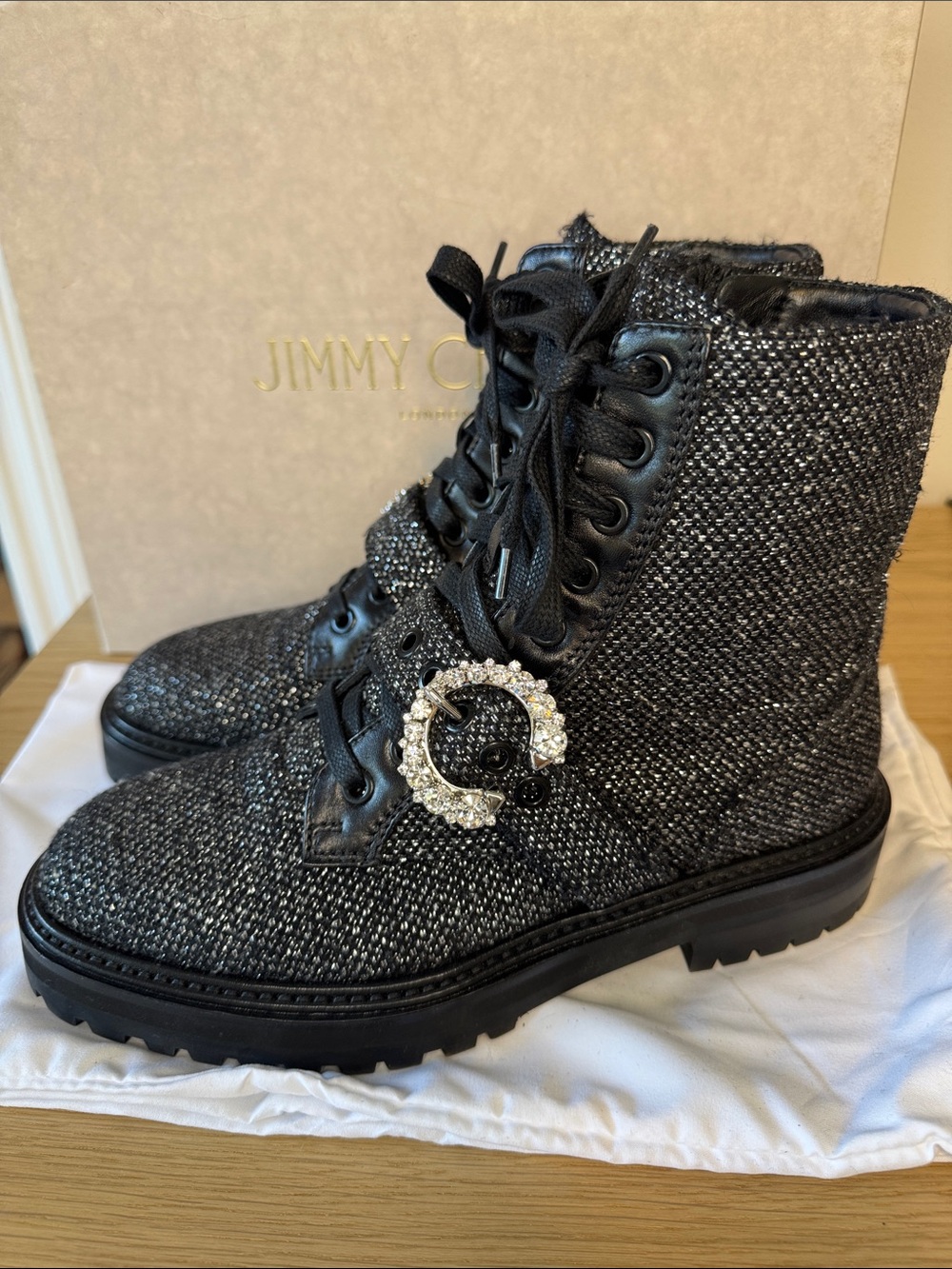 Jimmy Choo Black Tweed Crystal-Embellished Lace-Up Combat Boots
